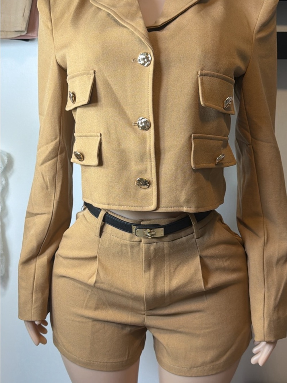 Fashion Nova Camel Two-Piece Cropped Blazer & Shorts Set